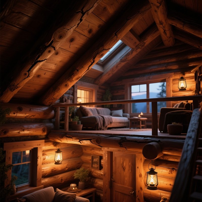 A Cozy Cabin Loft With Exposed Pine Rafters, Each Beam Showing Natural Knots And Cracks, Bathed In