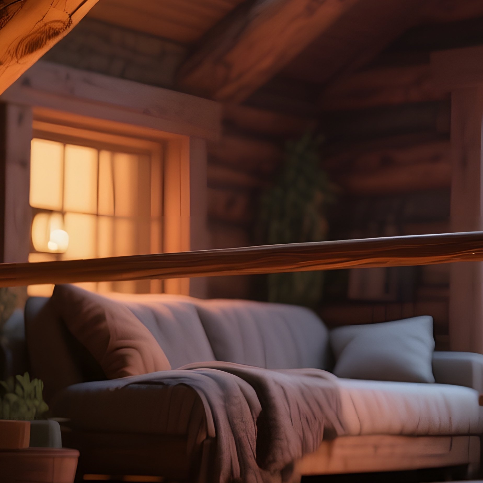 A Cozy Cabin Loft With Exposed Pine Rafters, Each Beam Showing Natural Knots And Cracks, Bathed In - Full Resolution Quality Preview