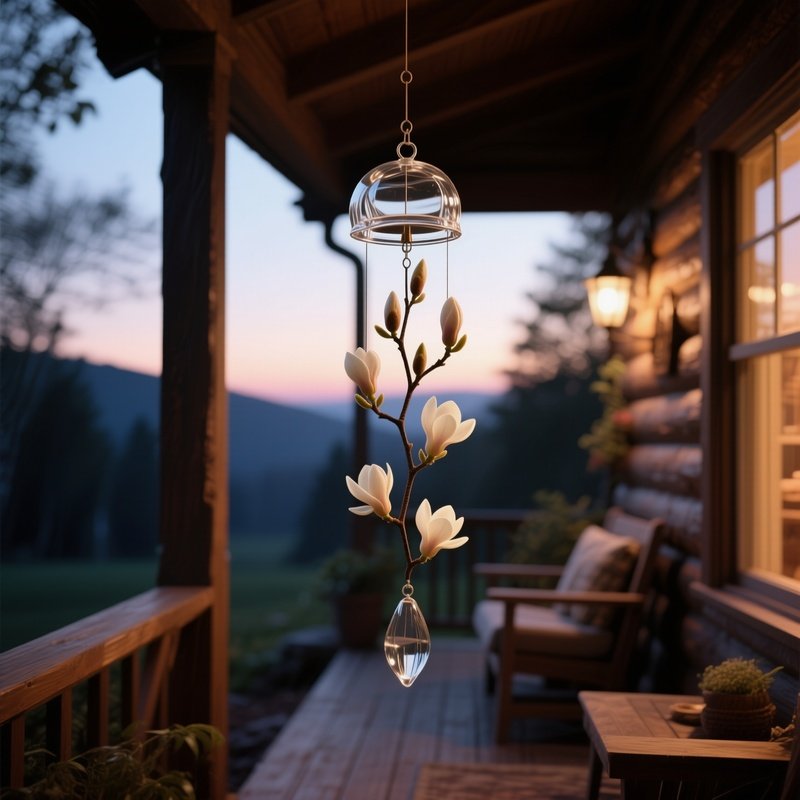 A Cozy Cabin Porch At Dusk, A Hanging Glass Wind Chime Shaped Like Tiny Magnolia Buds That Tinkle