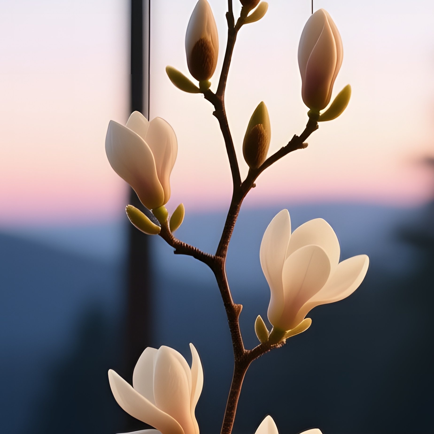 A Cozy Cabin Porch At Dusk, A Hanging Glass Wind Chime Shaped Like Tiny Magnolia Buds That Tinkle - Full Resolution Quality Preview