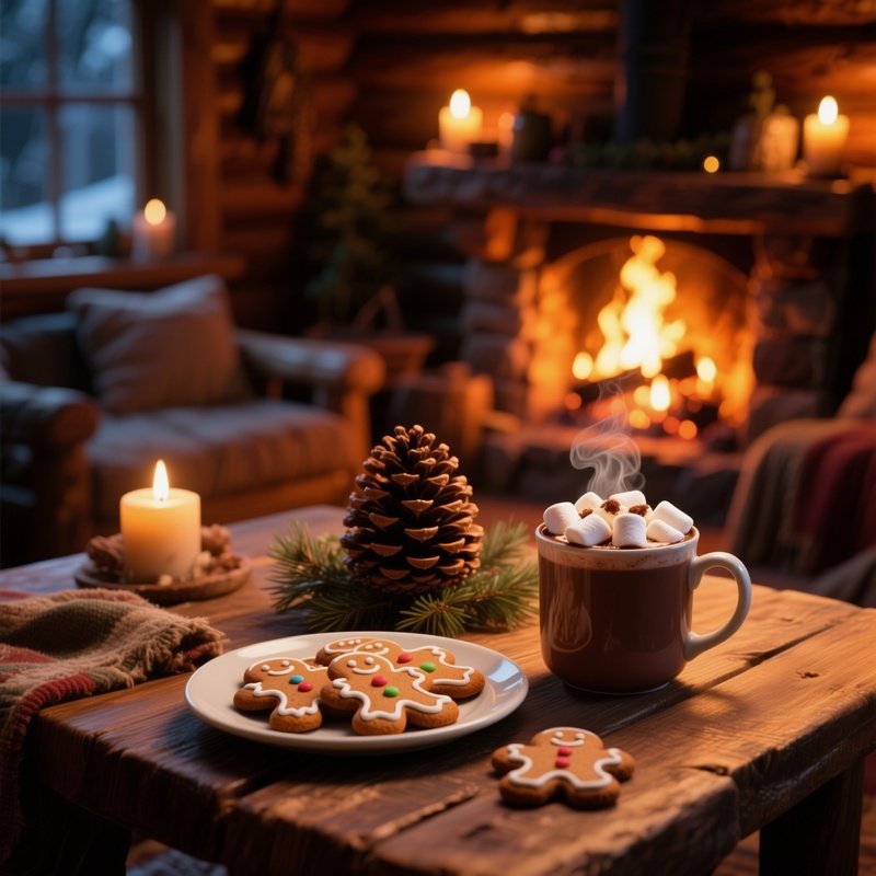 A Cozy Cabin Table By Firelight, Holding A Steaming Mug Of Hot Chocolate Topped With Marshmallows,