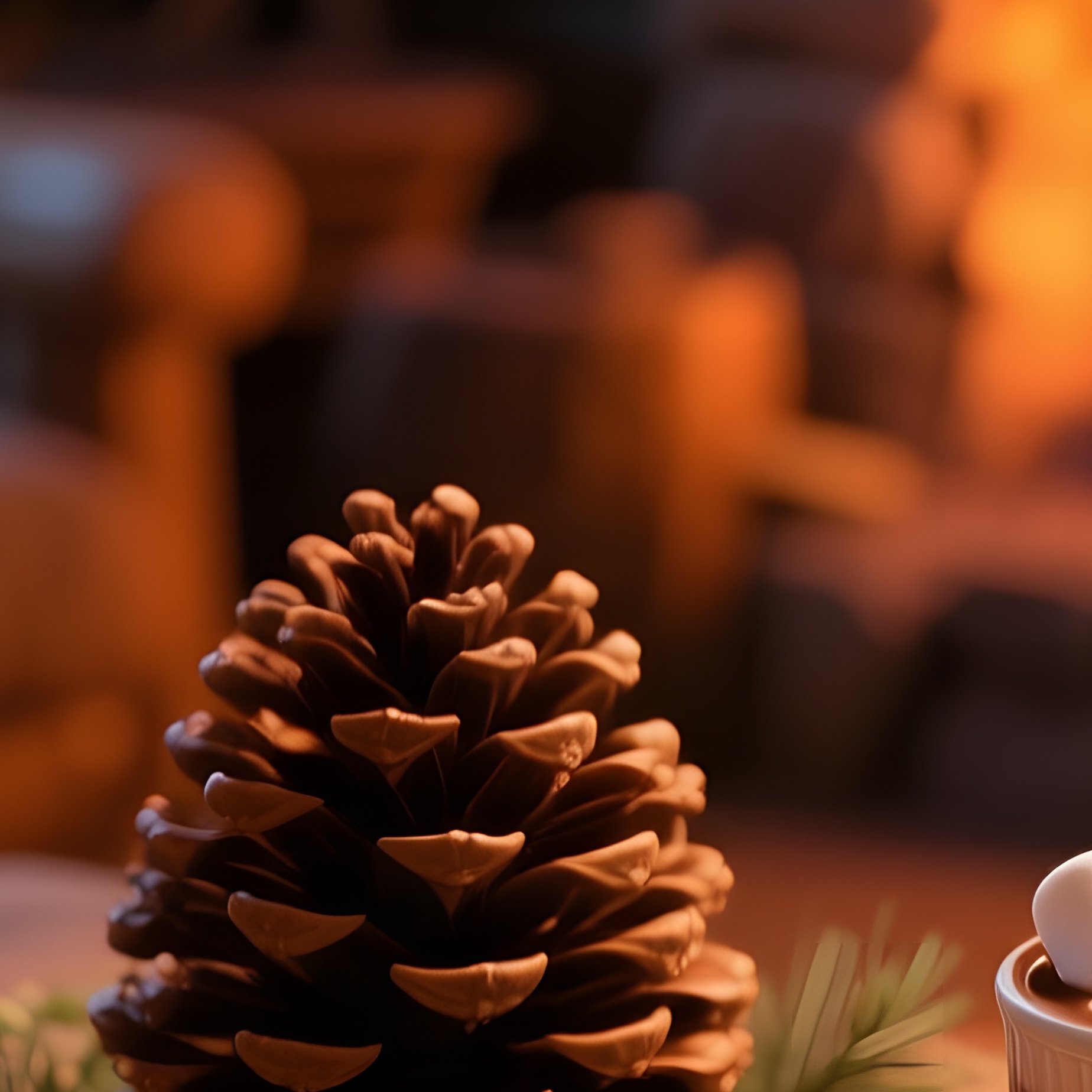 A Cozy Cabin Table By Firelight, Holding A Steaming Mug Of Hot Chocolate Topped With Marshmallows, - Full Resolution Quality Preview