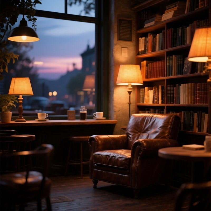 A Cozy Coffee Shop Corner At Twilight, A Leather Armchair Beside A Bookshelf Of Fabric‑Bound