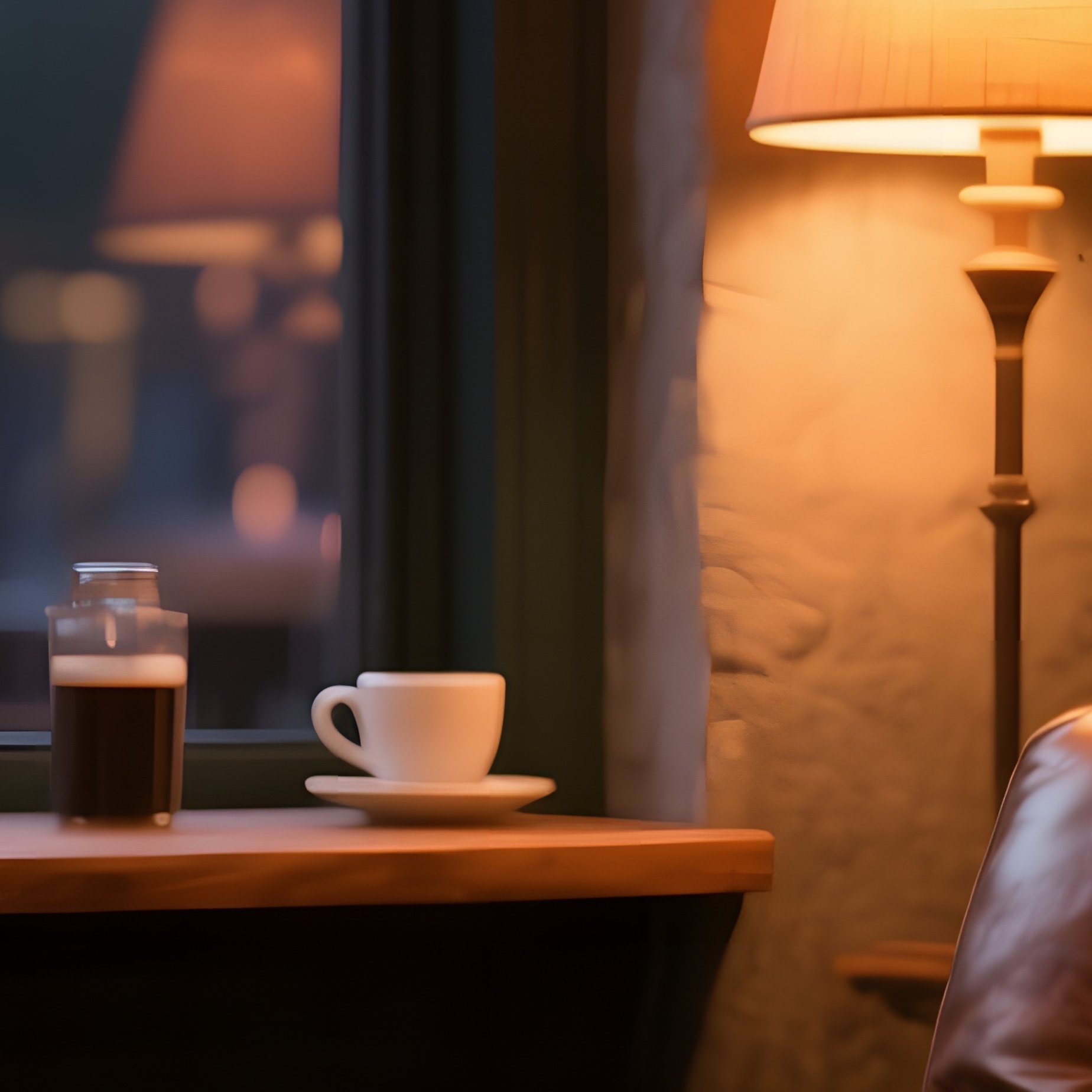 A Cozy Coffee Shop Corner At Twilight, A Leather Armchair Beside A Bookshelf Of Fabric‑Bound - Full Resolution Quality Preview