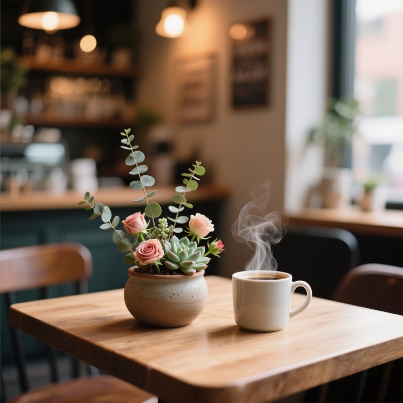 A Cozy Coffee Shop Corner Table With A Steaming Mug, Where A Small Ceramic Pot Holds A Delicate