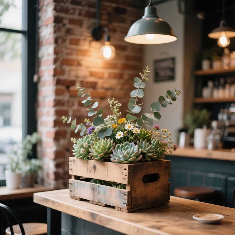 A Cozy Coffee Shop Corner With Exposed Brick And Soft Pendant Lighting, A Reclaimed Wooden Crate