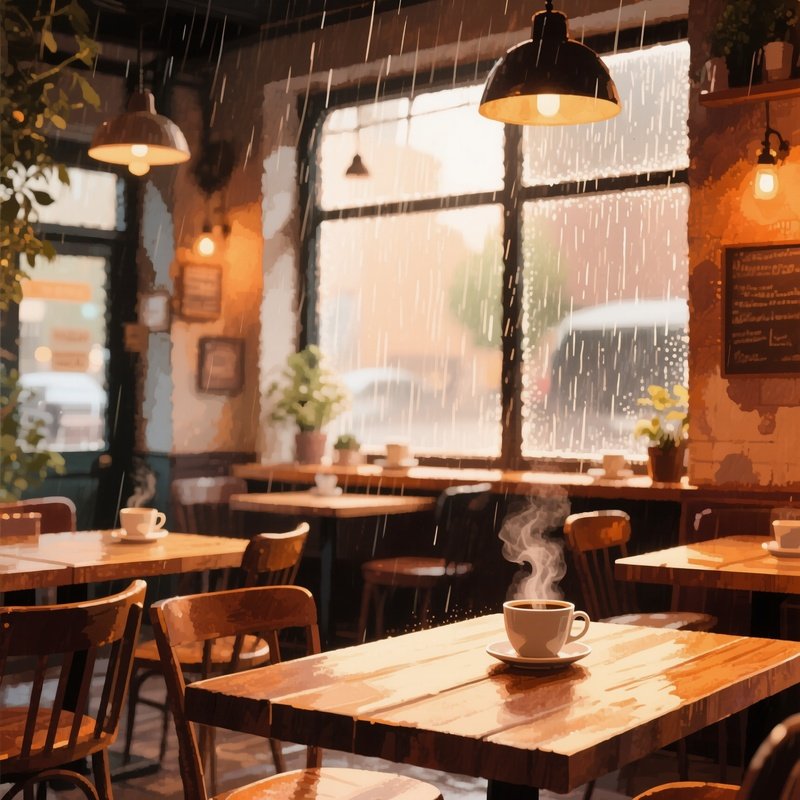 A Cozy Coffee Shop Interior Bathed In Late Afternoon Light, Wooden Tables, Steaming Cups,
