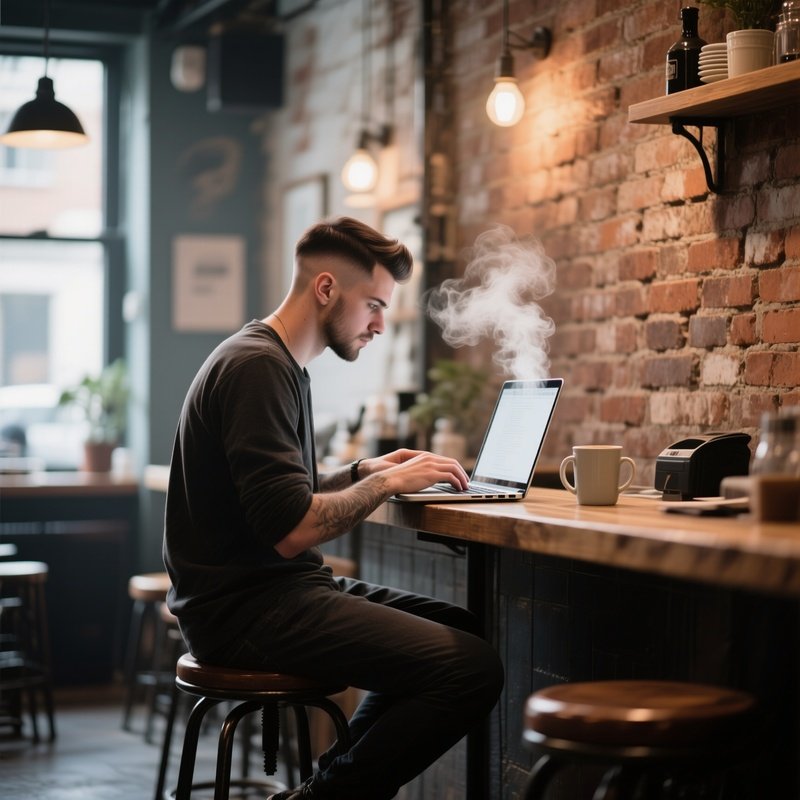 A Cozy Coffee Shop With Exposed Brick Walls, Soft Indie Music; A Writer Sits On A Stool Getting A