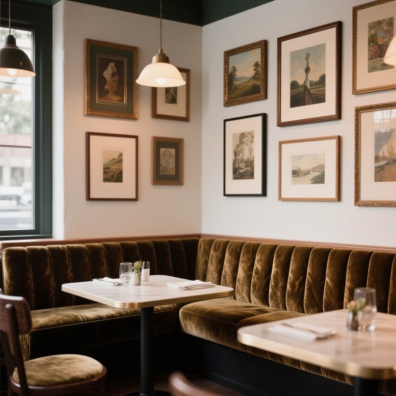 A Cozy Corner Banquette Seating Area With Plush Velvet Upholstery And A Gallery Wall Of Art Frames Arranged Above It In A Casual Dining Spot.