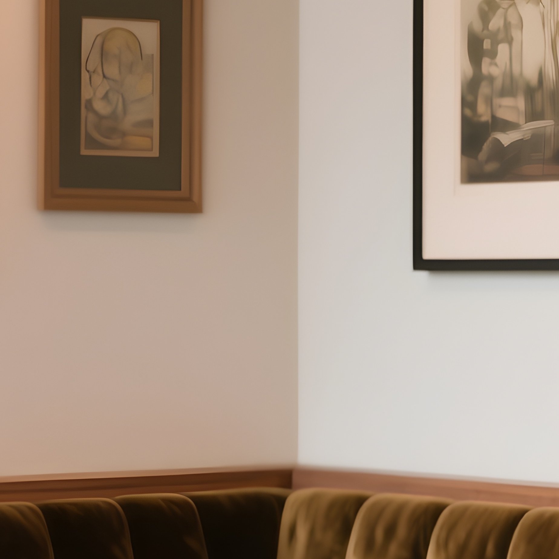 A Cozy Corner Banquette Seating Area With Plush Velvet Upholstery And A Gallery Wall Of Art Frames Arranged Above It In A Casual Dining Spot. - Full Resolution Quality Preview