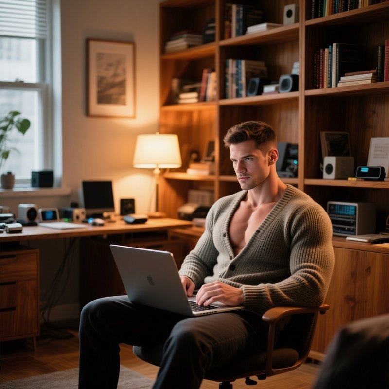 A Cozy Home Office With Wooden Bookshelves, A Muscular Man In A Comfy Sweater Unbuttoned At The