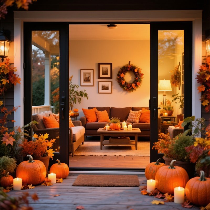 A Cozy Indoor Living Space Viewed From An Outdoor Patio Decorated