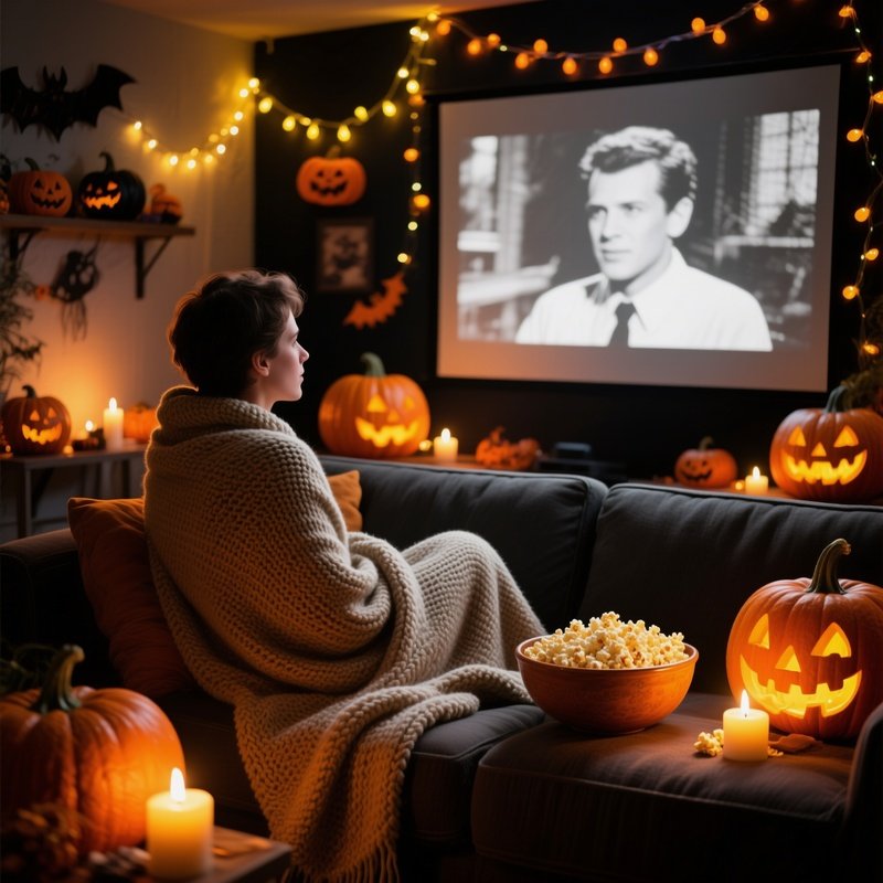 A Cozy Indoor Setting Where Someone Is Watching A Movie Halloween