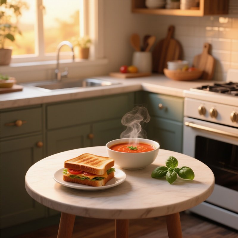 A Cozy Kitchen Nook During Golden Hour, Where A Small Round Table Holds A Steaming Bowl Of Tomato