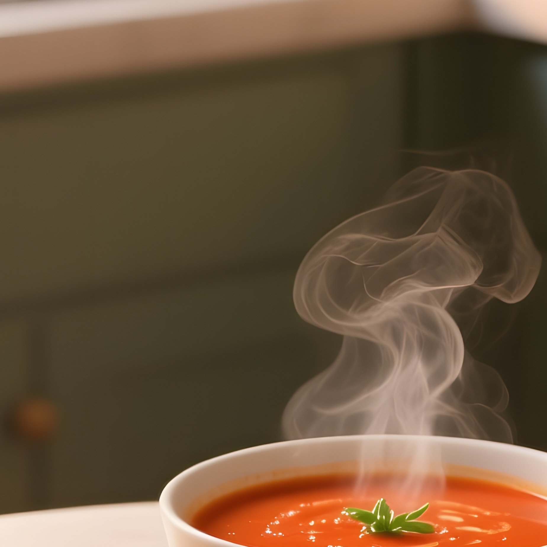 A Cozy Kitchen Nook During Golden Hour, Where A Small Round Table Holds A Steaming Bowl Of Tomato - Full Resolution Quality Preview