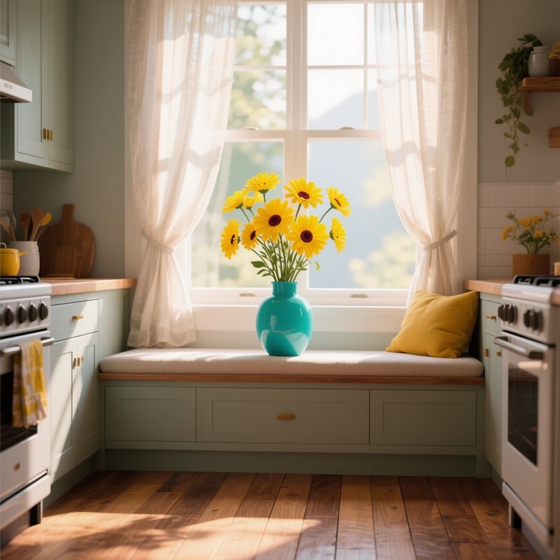 A Cozy Kitchen Window Seat With A Vase Of Pop‑Art Daisies In Bright Yellow And Teal, Morning