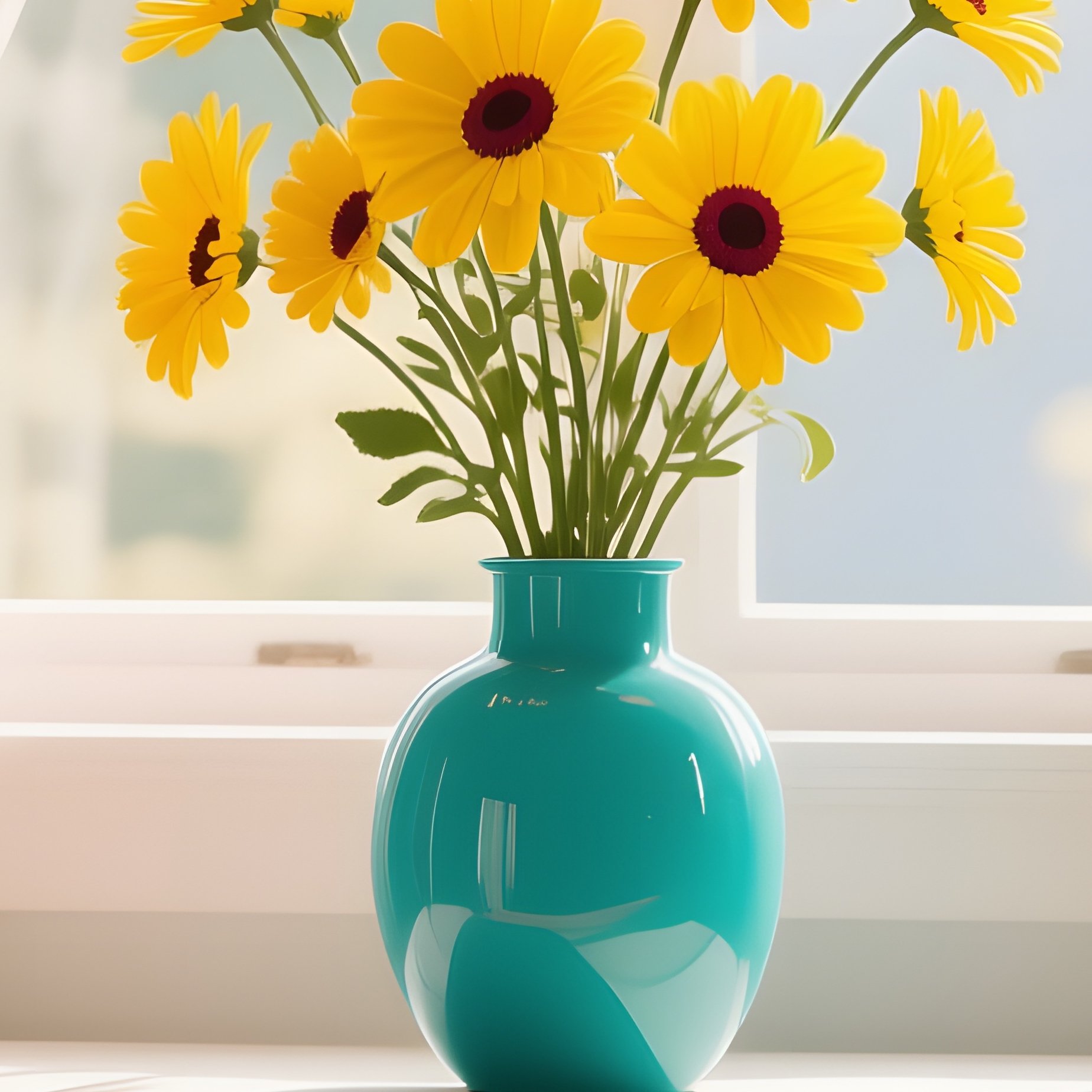A Cozy Kitchen Window Seat With A Vase Of Pop‑Art Daisies In Bright Yellow And Teal, Morning - Full Resolution Quality Preview