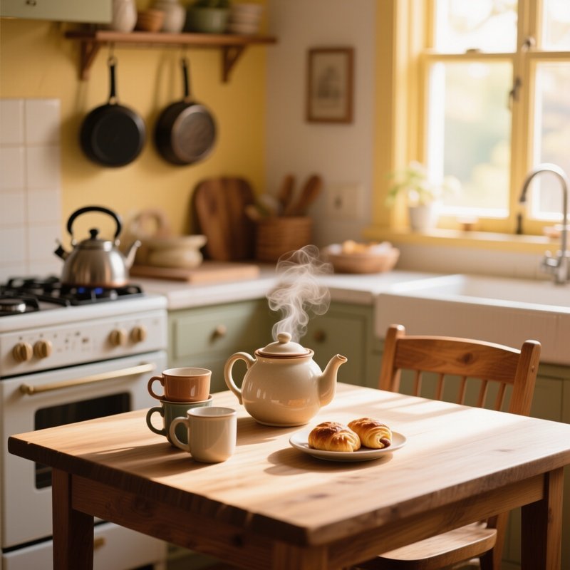 A Cozy Kitchen With A Teapot And Morning Light