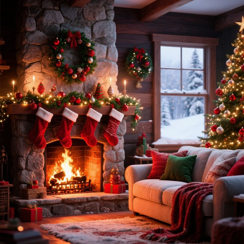 A Cozy Living Room Decorated For Christmas Christmas Winter