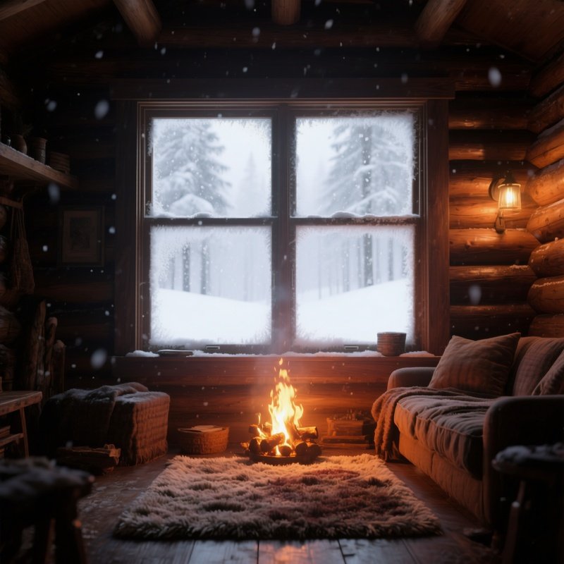A Cozy Log Cabin Interior Seen Through A Frosted Window, Warm Firelight Spilling Onto A Plush Rug,