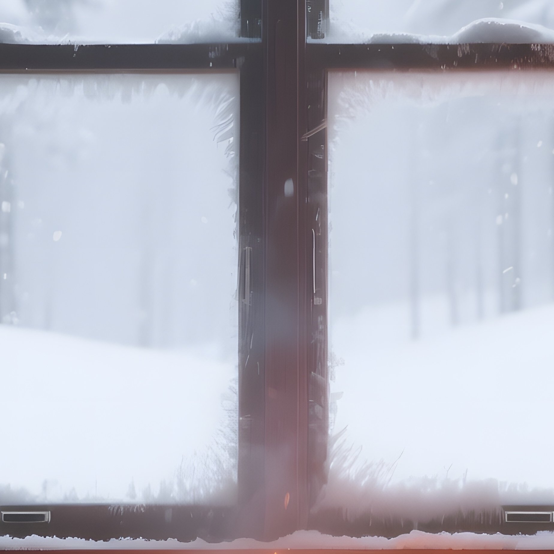 A Cozy Log Cabin Interior Seen Through A Frosted Window, Warm Firelight Spilling Onto A Plush Rug, - Full Resolution Quality Preview