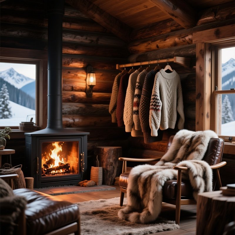 A Cozy Mountain Cabin Interior Lit By A Crackling Fireplace, Plush Fur Throws Over Sleek Leather