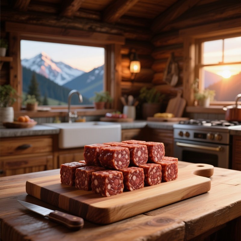 A Cozy Mountain Cabin Kitchen Illuminated By Sunrise, Featuring A Realistic Wooden Cutting Board