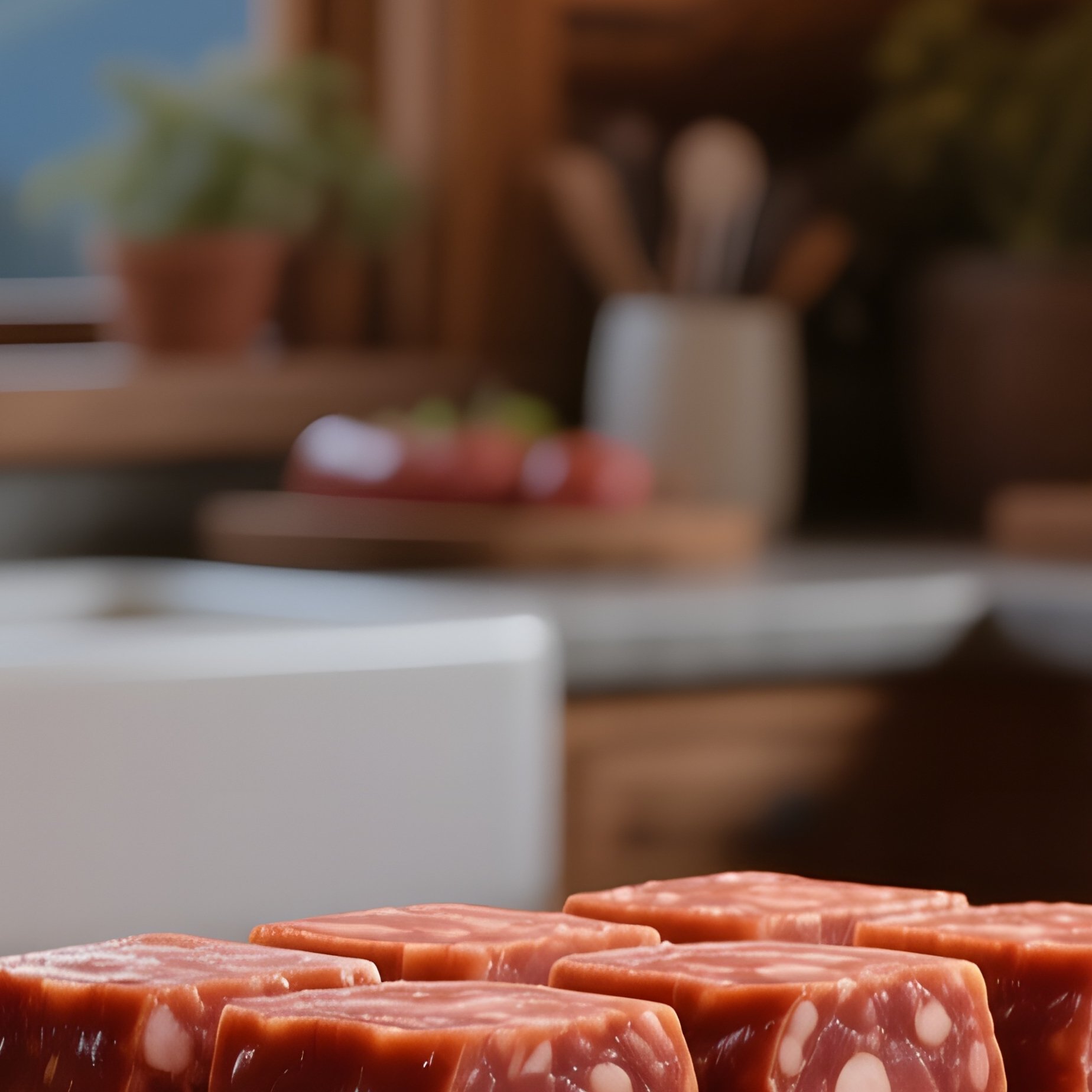 A Cozy Mountain Cabin Kitchen Illuminated By Sunrise, Featuring A Realistic Wooden Cutting Board - Full Resolution Quality Preview