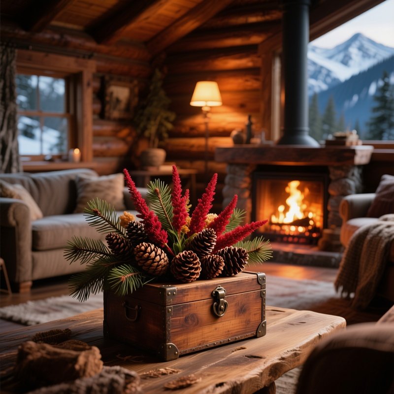 A Cozy Mountain Cabin Living Room With A Roaring Fireplace, Where A Rustic Wooden Chest Holds A