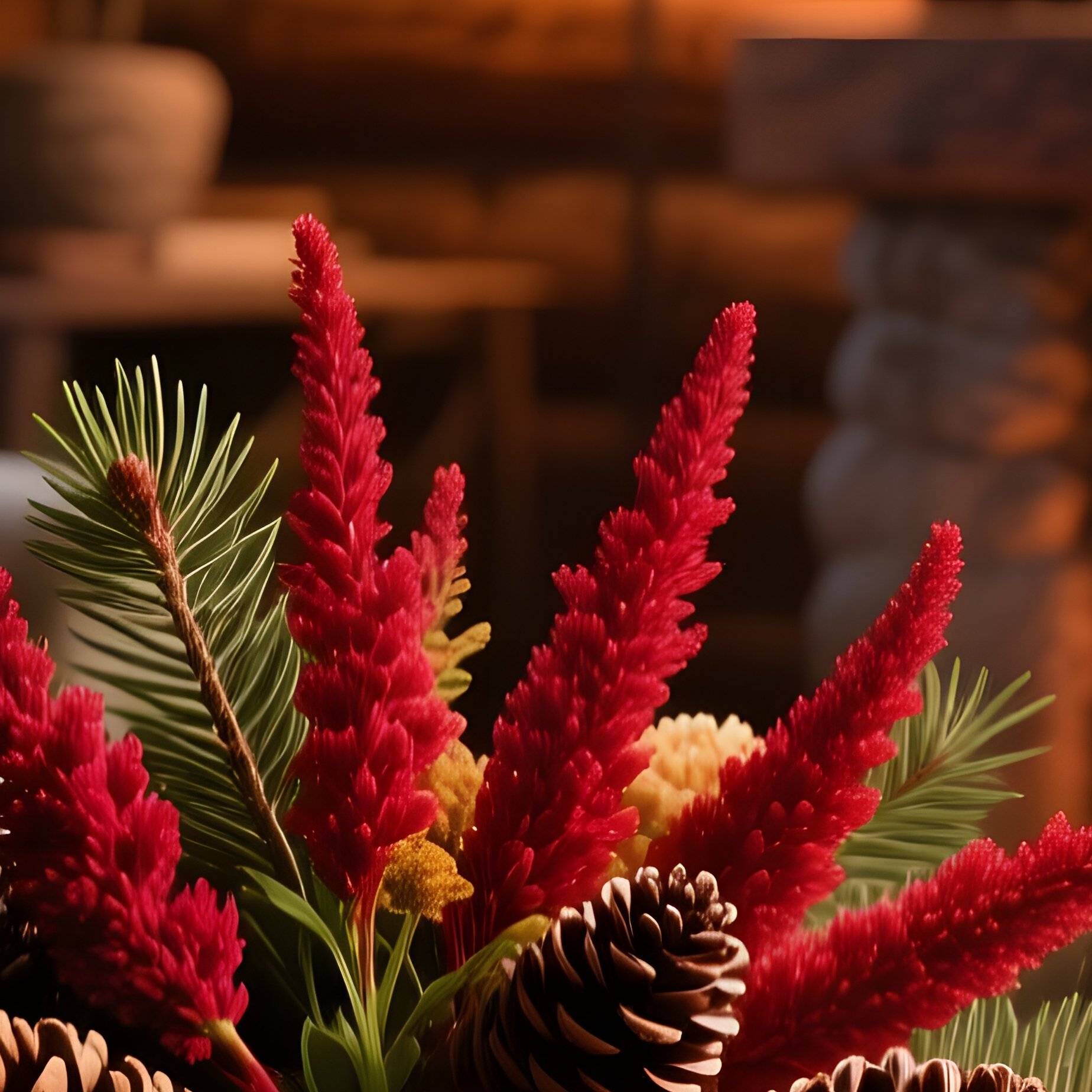 A Cozy Mountain Cabin Living Room With A Roaring Fireplace, Where A Rustic Wooden Chest Holds A - Full Resolution Quality Preview