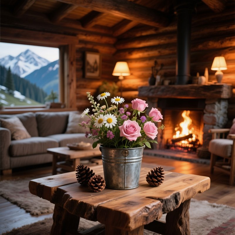 A Cozy Mountain Cabin Living Room With A Roaring Fireplace, Where A Rough‑Hewn Wooden Table Holds A