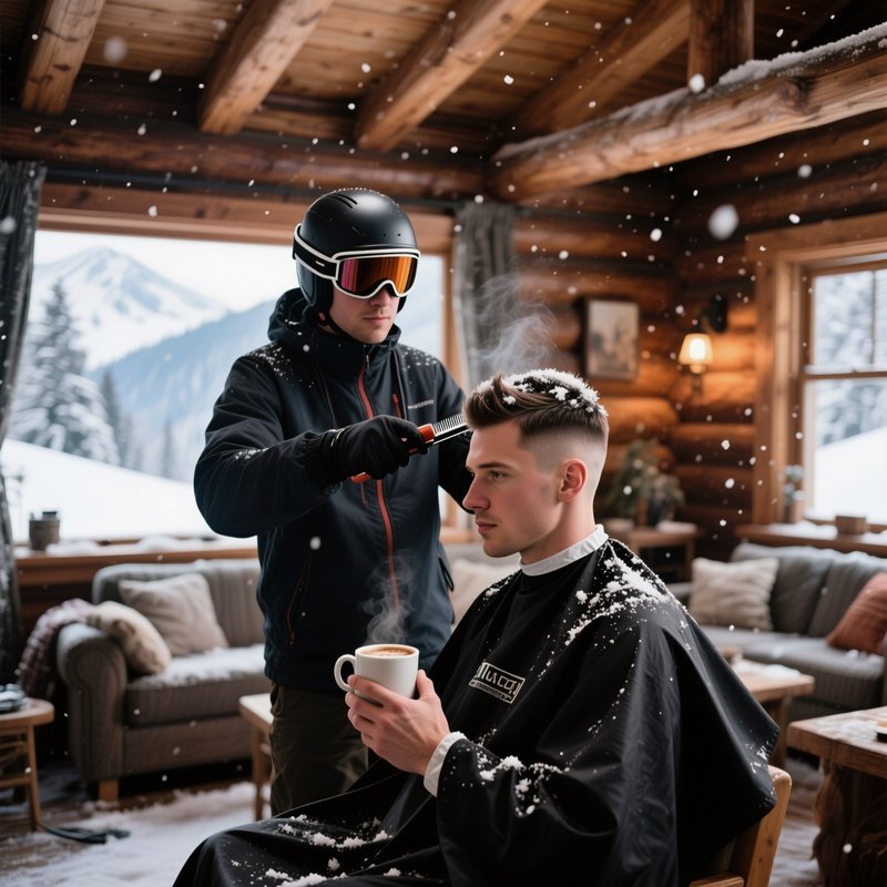 A Cozy Mountain Lodge Lounge With Rustic Wooden Beams, Snow Falling Outside; A Skier Gets His Hair