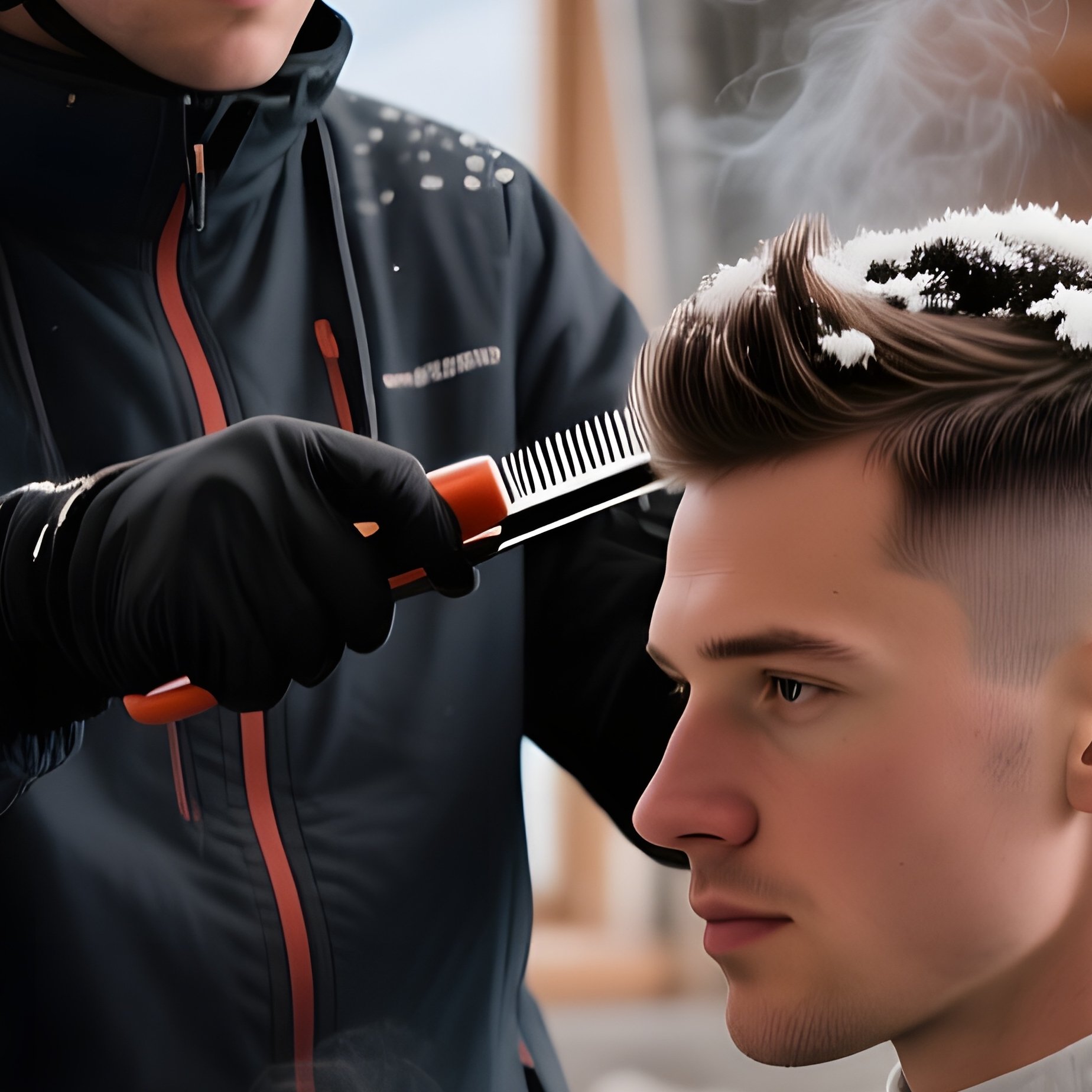 A Cozy Mountain Lodge Lounge With Rustic Wooden Beams, Snow Falling Outside; A Skier Gets His Hair - Full Resolution Quality Preview