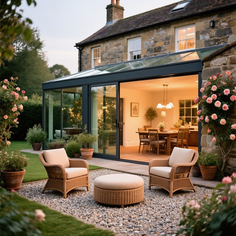 A Cozy Outdoor Seating Area Adjacent To A Modern Extension Of A