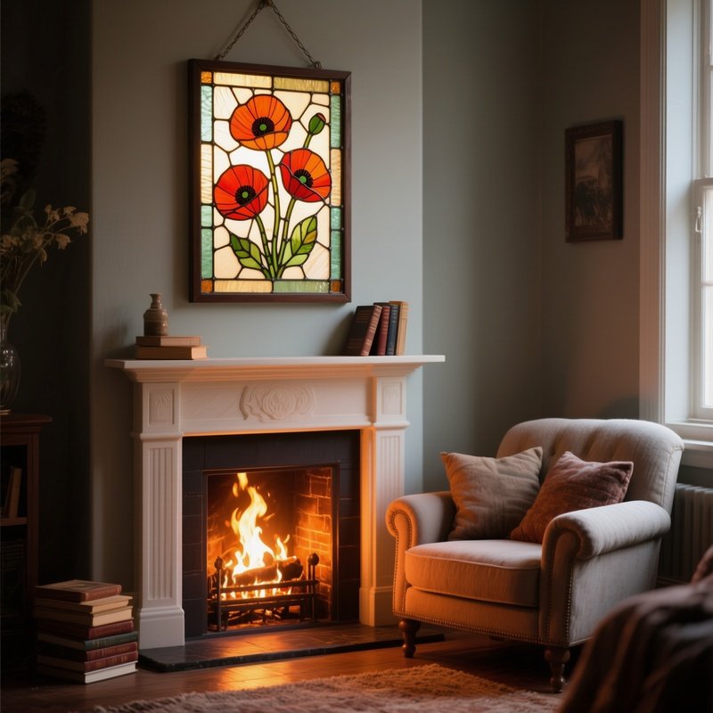 A Cozy Reading Corner Beside A Fireplace, Where A Small Stained Glass Panel Of Poppies Hangs Above