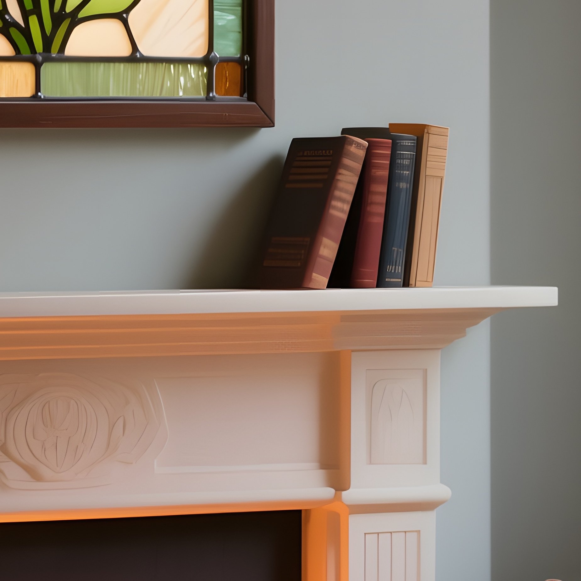 A Cozy Reading Corner Beside A Fireplace, Where A Small Stained Glass Panel Of Poppies Hangs Above - Full Resolution Quality Preview