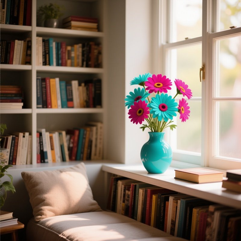 A Cozy Reading Nook Beside A Window, Shelves Lined With Books And A Vase Of Pop‑Art Daisies In Bold