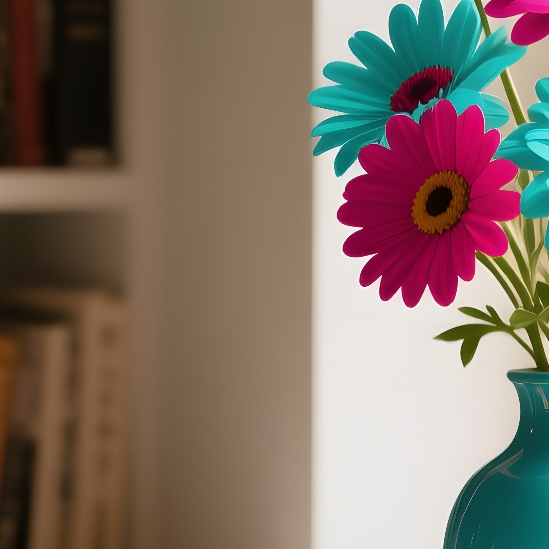 A Cozy Reading Nook Beside A Window, Shelves Lined With Books And A Vase Of Pop‑Art Daisies In Bold - Full Resolution Quality Preview