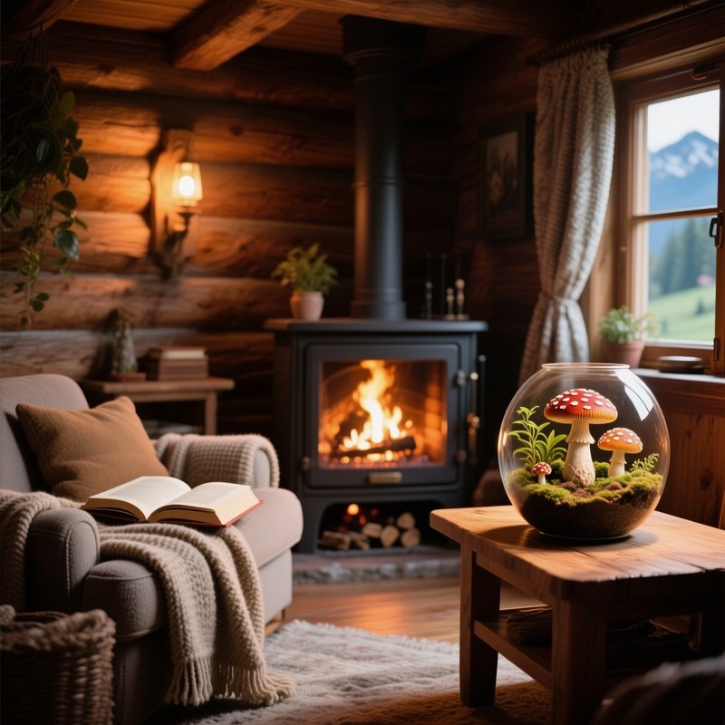A Cozy Reading Nook By A Fireplace In A Bavarian Chalet, A Potted Mushroom Terrarium On The Side