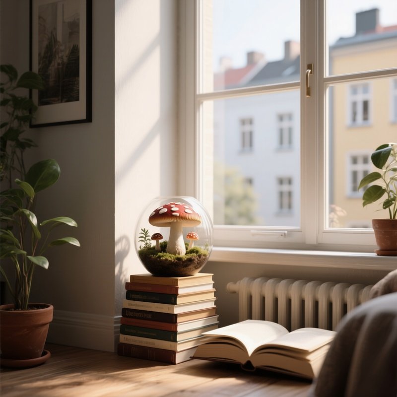 A Cozy Reading Nook By A Window In A Berlin Apartment, A Potted Mushroom Terrarium Beside A Stack