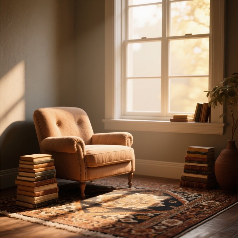 A Cozy Reading Nook By A Window, Plush Armchair And Stacked Books Made Of Soft Tan Clay, Golden