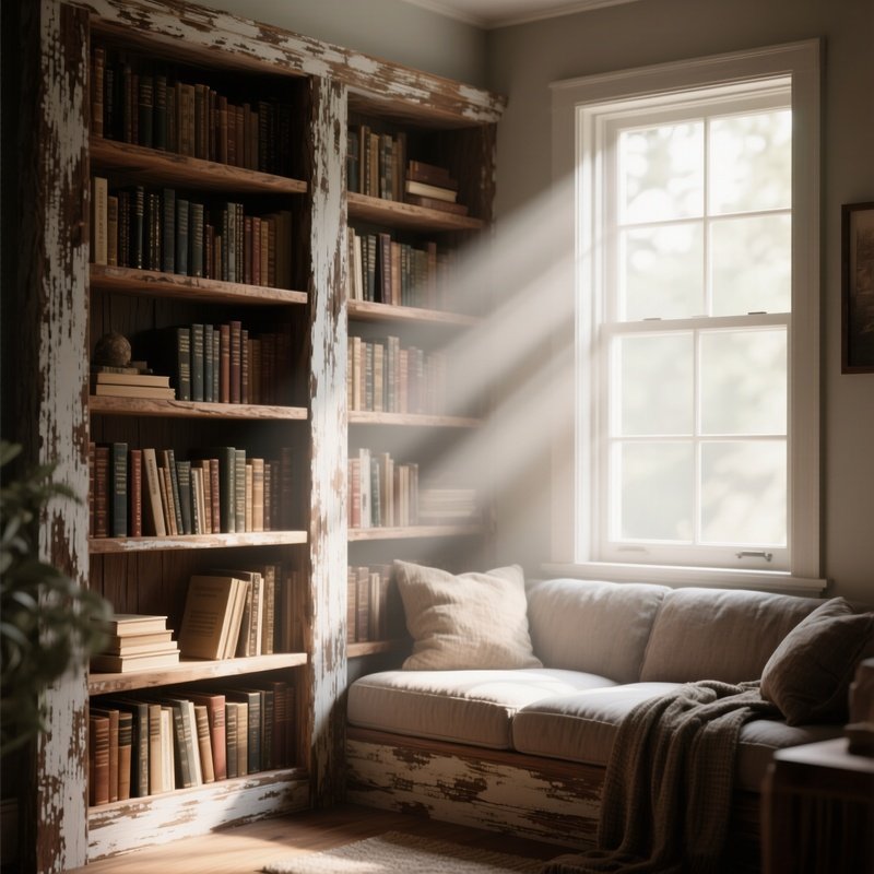 A Cozy Reading Nook Featuring A Built‑In Bookshelf Of Distressed Pine, Light Streaming Through A
