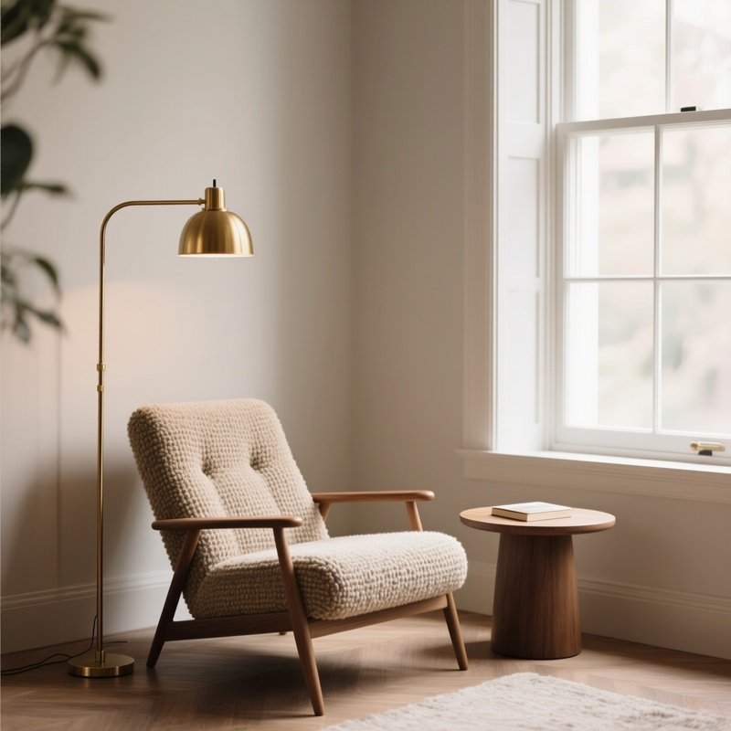 A Cozy Reading Nook Featuring A Custom Made Lounge Chair In Boucle Fabric, A Slim Brass Floor Lamp, And A Small Round Side Table Beside A Large Window