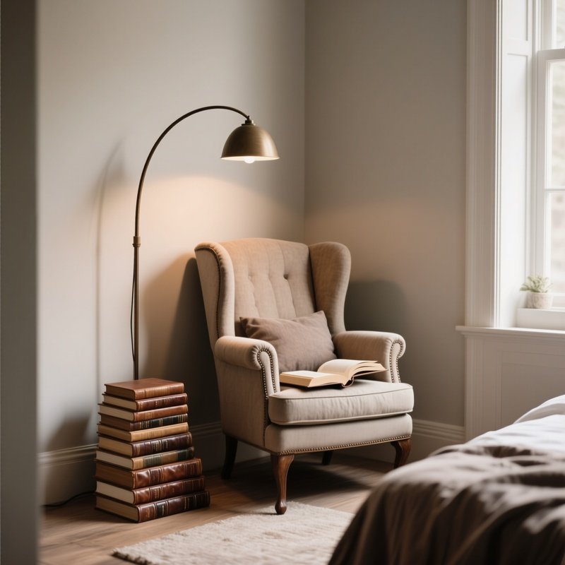 A Cozy Reading Nook Tucked Into A Bedroom Corner Featuring A High Back Wingback Chair, An Arched Floor Lamp, And A Small Pile Of Leather Bound Books.