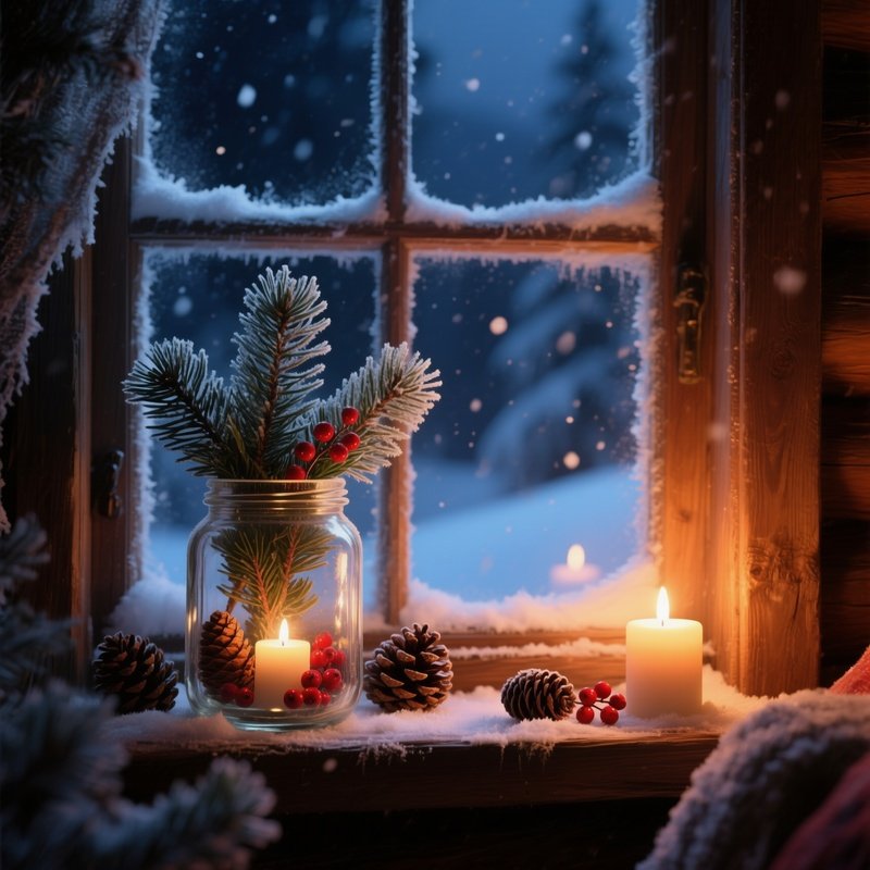 A Cozy Winter Cabin Window Scene At Night, Snow Falling Gently Outside, A Frost‑Ed Glass Jar Filled