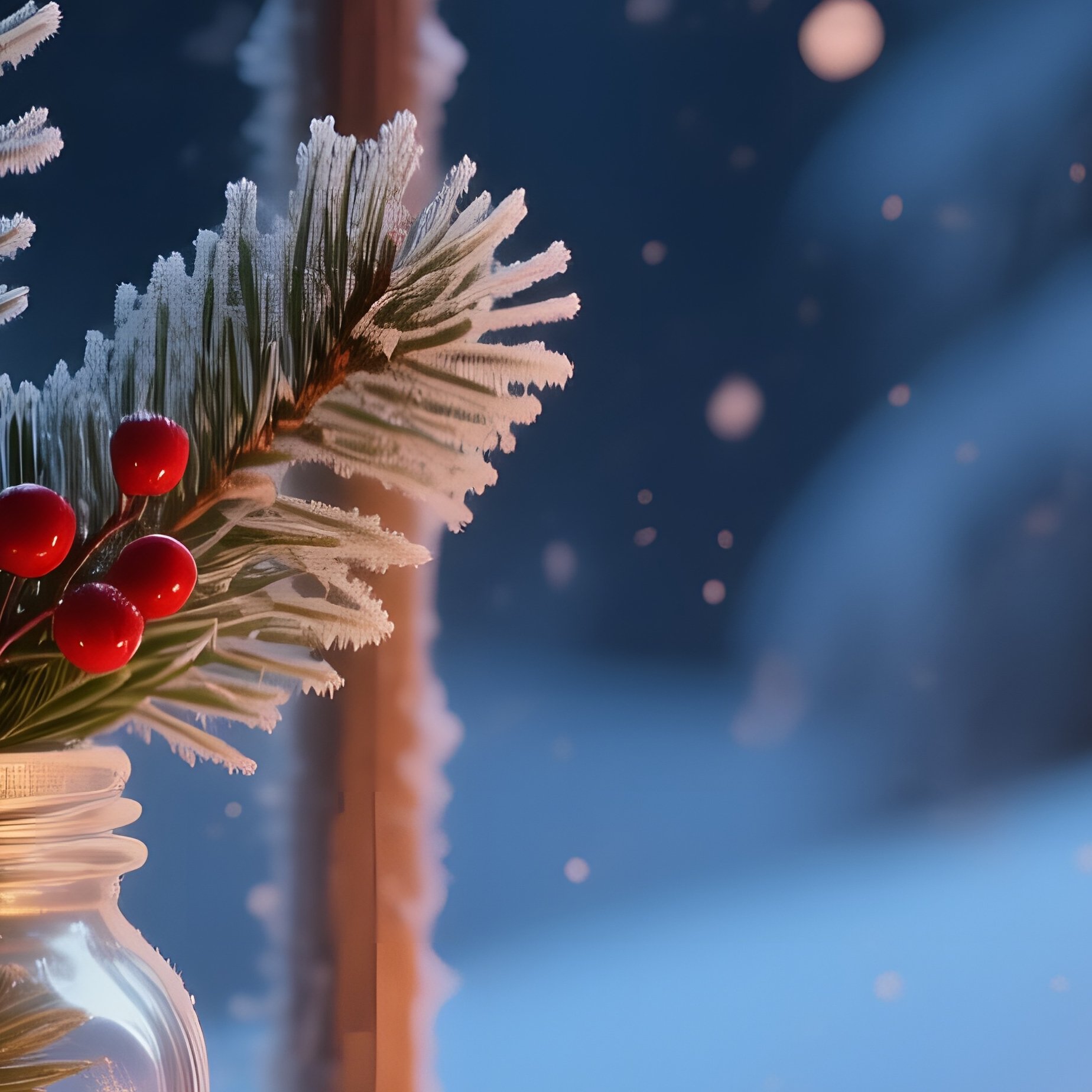 A Cozy Winter Cabin Window Scene At Night, Snow Falling Gently Outside, A Frost‑Ed Glass Jar Filled - Full Resolution Quality Preview