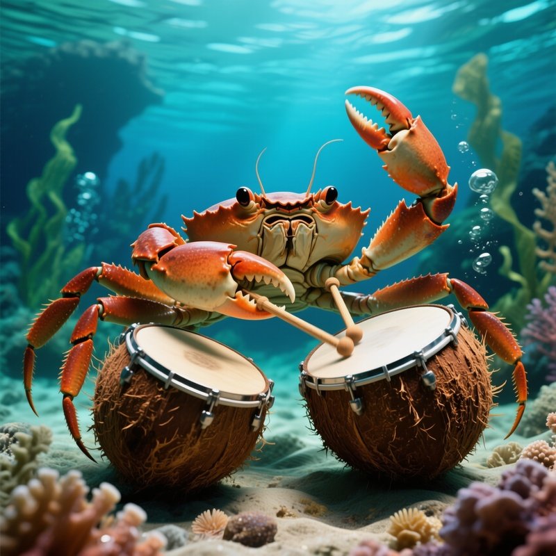 A Crab Playing Drums On Coconuts 2