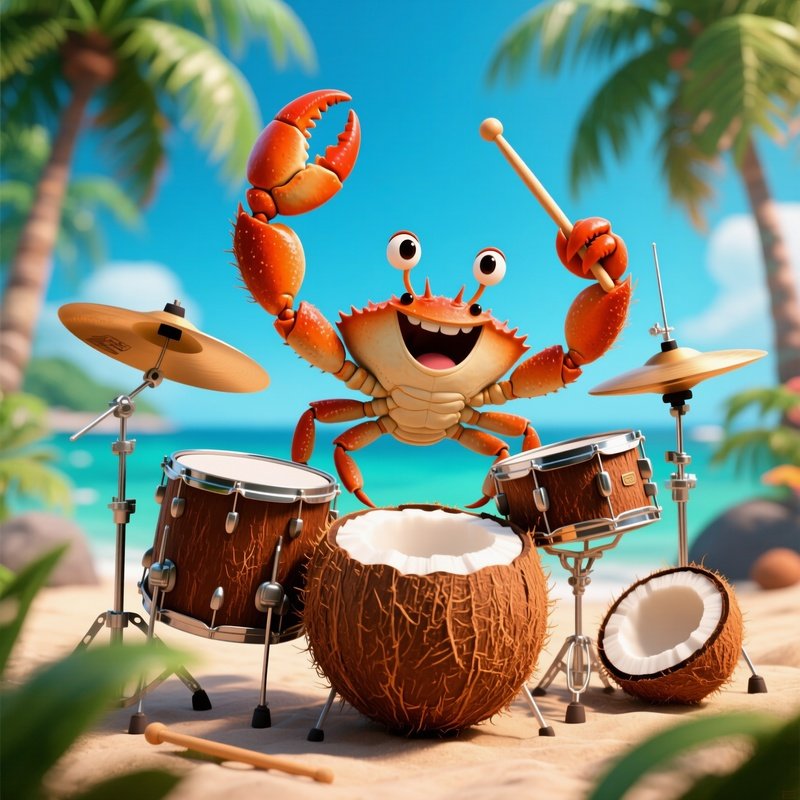 A Crab Playing Drums On Coconuts