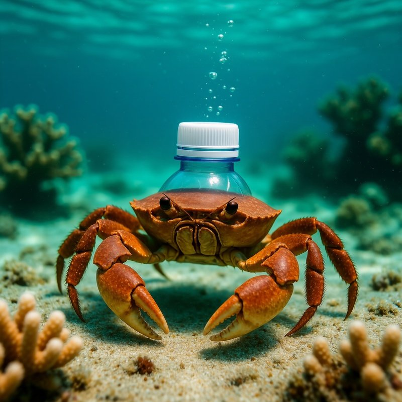 A Crab With A Bottle Cap As Helmet Underwater