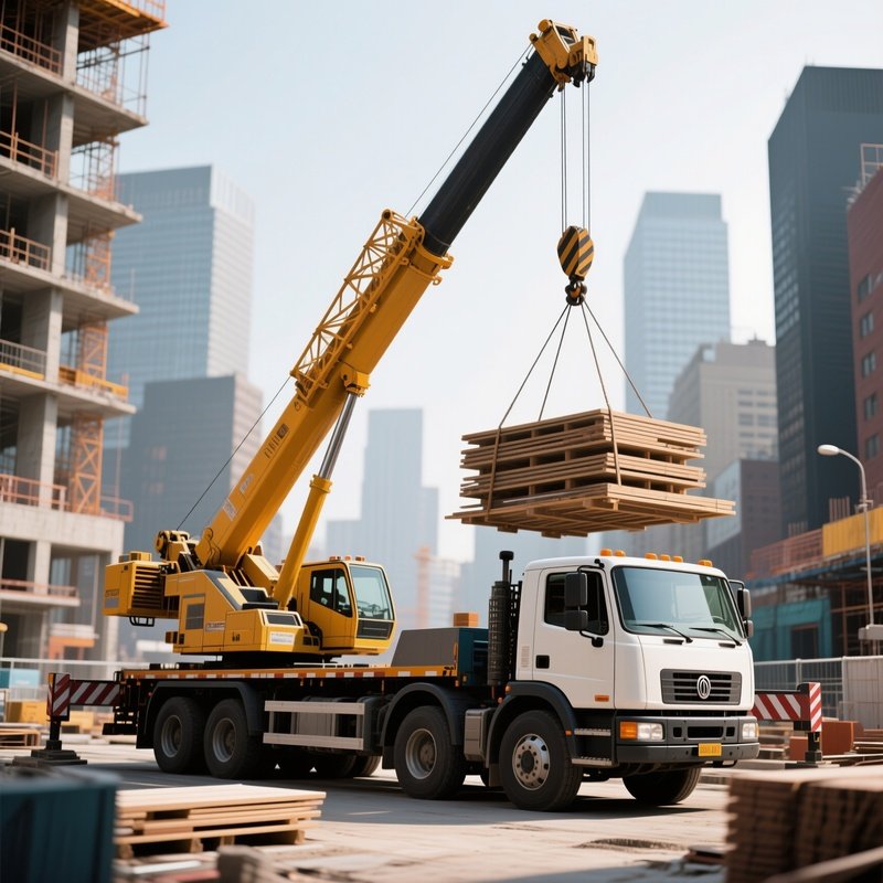A Crane Truck Lifting Building Materials On A City Construction Site